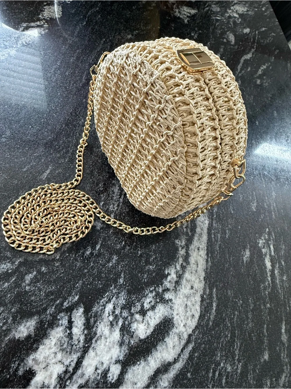 HAUTE HIPPIE Woven Round Crossbody Bag in Natural with Gold Chain & Gold Shimmer - Picture 2 of 14
